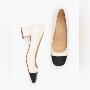 Talbots square toe pump; black and ivory; 100% leather; 1 3/4 inch heel.